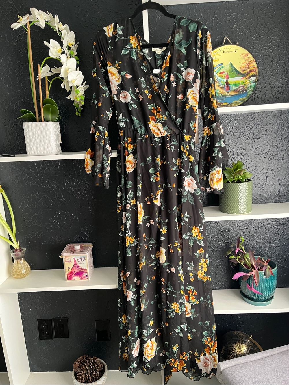 Floral Wrap Maxi Dress - Black with Yellow & Peach Blossoms XL